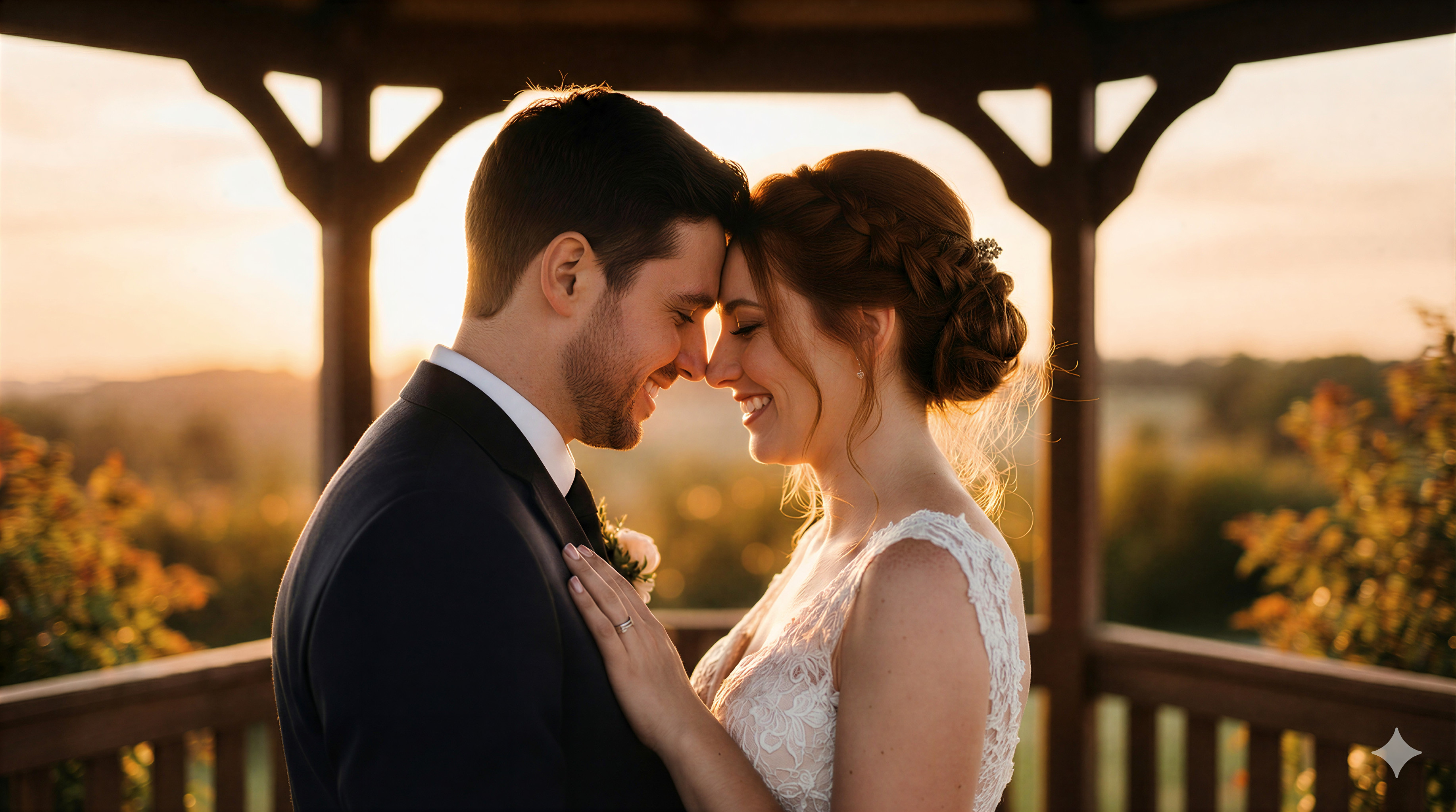 Emotional moment between wedding couple in a gazebo